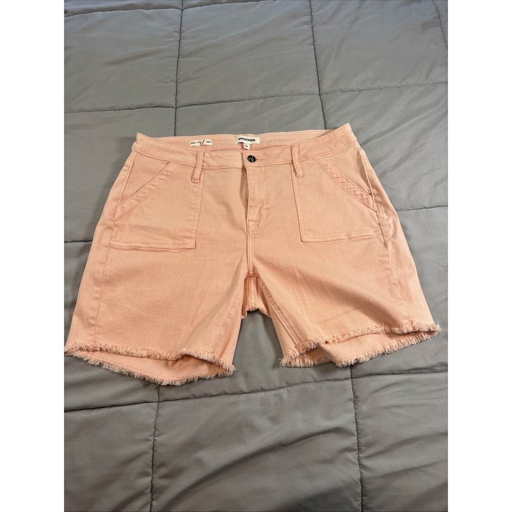 Vigoss Marley Mid Rise Denim Shorts Size 14 Light Coral/Pink Frayed Hem Stretch